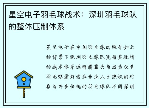 星空电子羽毛球战术：深圳羽毛球队的整体压制体系